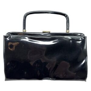 Vintage Garay Black Patent Leather Top Handle Handbag Gold Hardware Retro MCM